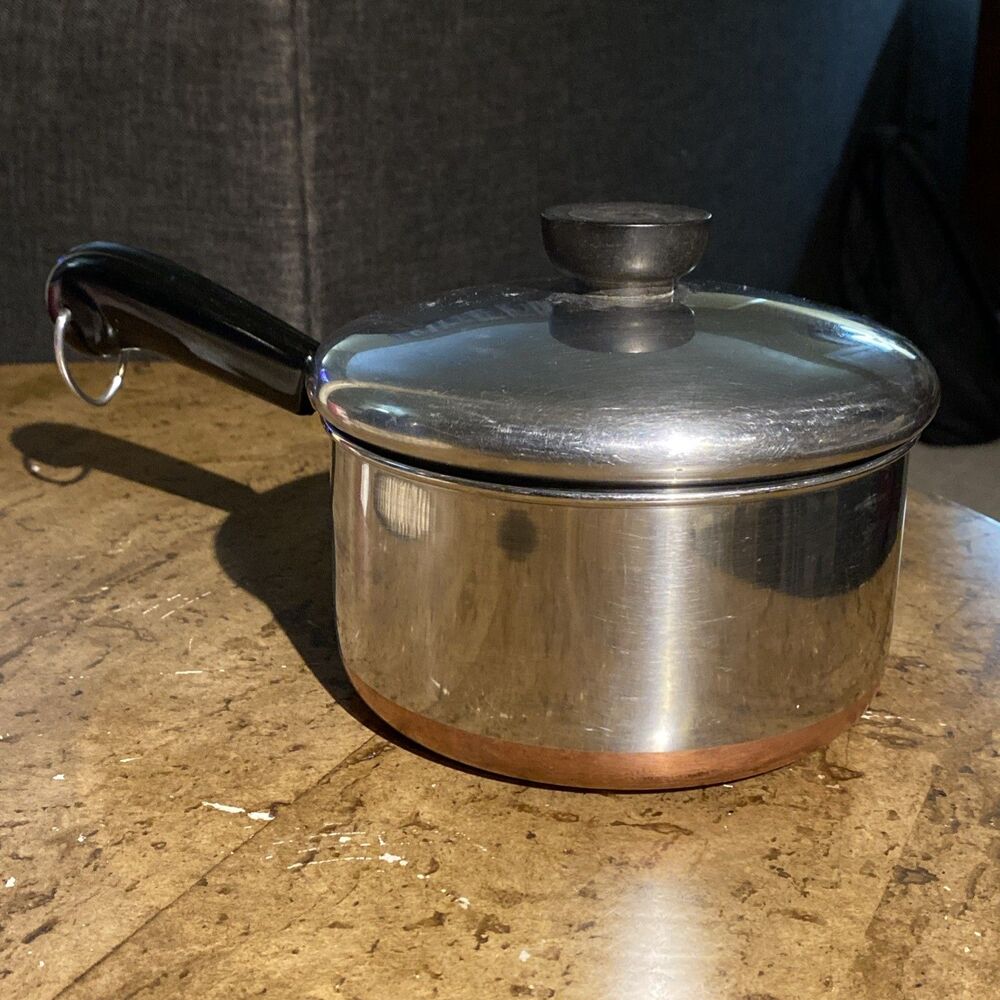 Vintage Revere Ware 2 qt Sauce Pan, Copper Bottom, Stainless Steel, With Lid